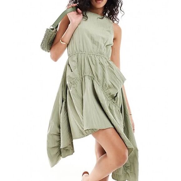 ASOS Design Green Sleeveless Tiered Ruffle Dress US 12 NWT Irregular Hem - Picture 1 of 14